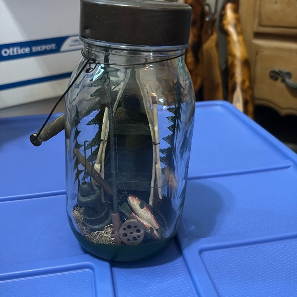 Fishing decor;Rustic Mason Jar Lantern with Forest/fishing scene